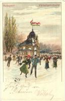 1899 Budapest XIV. Városliget, korcsolyázók a jégpályán. Kunstanstalt Kosmos S. IX. Kiadja Vidéki Félix, litho (EK)