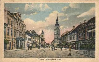 Nagyszombat, Tyrnau, Trnava; Masaryková ulica / utcakép, üzletek, templom. G. Jilovsky kiadása / street view, church, shops (EK)