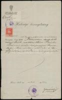 1912 Kassa, Kassa szab. kir. város polgármestere által kiállított hatósági bizonyítvány, okmánybélyeggel, aláírással