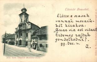 1899 Brassó, Kronstadt, Brasov; Római katolikus templom, Kolostor utca, üzlet. Zeidner H. kiadása / church, street view, shop