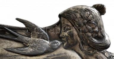 Royal Zinn szecessziós ón tálca, jelzett, apró horpadással, 27×17 cm