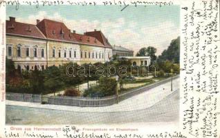 Nagyszeben, Hermannstadt, Sibiu; K. u. Finanzgebäude mit Elisabethpark / Pénzügyi palota, Erzsébet liget, park. Karl Graef kiadása / Financial palace, park (EK)