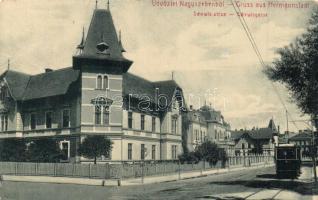 Nagyszeben, Hermannstadt, Sibiu; Schewis utca, villamos. W. L. 59. Kiadja Budovszky L. / street view, tram (Rb)