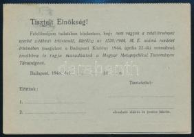 1944 Magyar Metapsychikai Tudományos Társaság elnökségének levele, a zsidó tagok kiléptetéséről