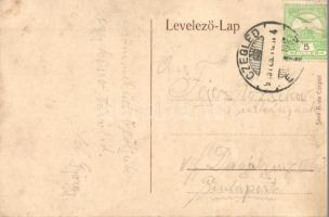 1913 Cegléd, indóház, vasútállomás gőzmozdonnyal. Szecessziós keret hölggyel és rózsával. Sárik Gyul...