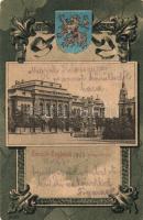 1900 Cegléd, Kossuth tér, Városháza. Címeres szecessziós litho keret / Coat of arms, Art Nouveau, litho frame