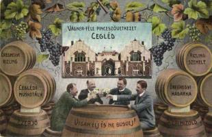 Cegléd, Vágner-féle pinceszövetkezet. Humoros montázs a borospincéből hordókkal / Montage postcard from the wine cellar