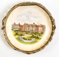 Antik fajansz tál Budapest Szabadság tér képpel, fém kerettel és füllel, jelzés nélkül, d: 20 cm