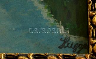 Huggel jelzéssel: Tó parti ház. Vegyes technika, karton, üvegezett keretben, 21×14 cm