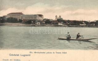 Lugos, Lugoj; Kir. Törvénykezési palota és Temes folyó. Auspitz Adolf kiadása  / court palace, Timis River (r)