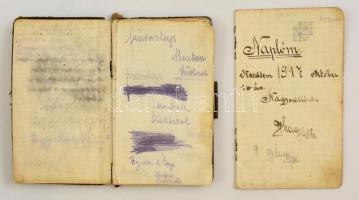 1917 Hadi-napló és jegyzetfüzet a frontról, különféle érdekes írásokkal. Kissé megviselt bőrkötésben.
