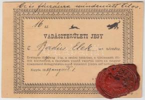 1889 Vadászjegy békéscsabai, kígyósi területre, viaszpecséttel, hátoldalán kézzel rajzolt helyszínrajzzal / Licence for hunters