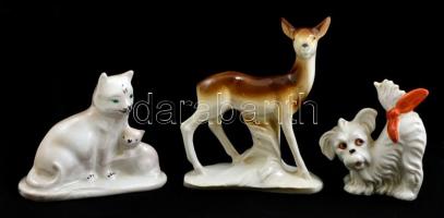 3 db porcelán állatfigura (kutya, cicapár, őz), jelzés nélkül, hibátlanok, m: 8,5 és 12,5 cm között
