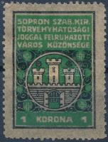 1914 Sopron városi illetékbélyeg 1 K vízjel nélküli, sárga hártyaszerű papíron