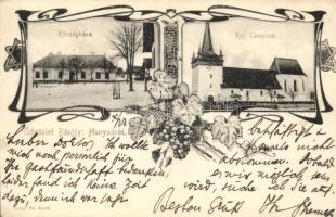 Bánffyhunyad, Huedin; Községháza, Református templom. Dubay Pál kiadása / town hall, church. Art Nouveau, floral (EK)
