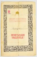 1935 Zenetanári oklevél aláírásokkal, közöttük Dohnányi Ernőé is. Ragasztott.