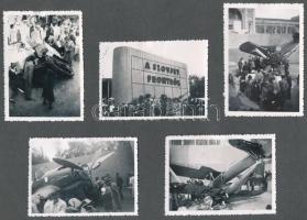 1942 A Budapesti Nemzetközi Vásáron kiállított lelőtt szovjet repülő és tank, 5 db fotó albumlapra ragasztva, 6,5x9 cm