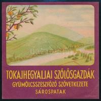 Tokajhegyaljai Szőlősgazdák Gyümölcsszeszfőző Szövetkezete Sárospatak címke, Tokaj látképével, 14x14 cm