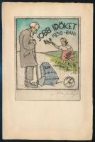 Bajor Ágost (1892-1958): Jobb időket 1936-ban. Színezett rézkarc, papír, jelzett, 9,5×7 cm