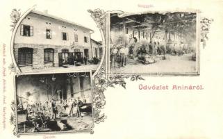 Anina, Stájerlakanina, Steierdorf; Szeggyár, Öntöde, munkások, műhely, üzlet. Honisch udv. fényképész felvétele / nail factory, foundry, workshop, shop, workers. Art Nouveau, floral (r)