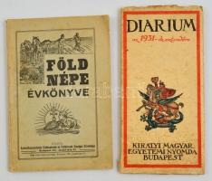 1931-1938 2 db naptár és évkönyv: Föld Népe Évkönyve 1938. évre. Diarium az 1931-ik esztendőre