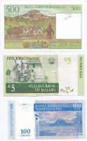 Vegyes: Madagaszkár 1994. 500Fr + 2004. 100A + Malawi 2005. 5K T:I- 
Mixed: Madagascar 1994. 500 Fr...