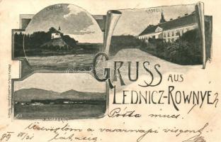 1899 Lednicróna, Lednicz-Rovne, Lednicz-Rownye, Lednické Rovne; Kapelle, Kastell, Glasfabrik. Druck u. Verlag von Leopold Gansel / Kápolna, Schreiber-féle kastély (Rákóczi kastély), Üveggyár / chapel, castle, glassworks, factory (EB)