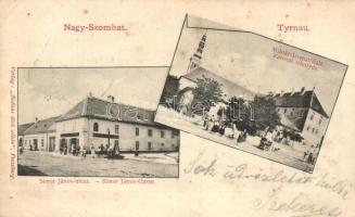 Nagyszombat, Tyrnau, Trnava; Simor János utca, üzlet, Katonai tébolyda (elmegyógyintézet) / Militär-Irrenanstalt, Simor János-Gasse. Verlag "Bediene dich allein" / street view, shop, military bedlam, mental asylum