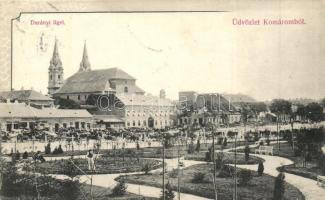 Komárom, Komárno; Darányi liget, park, üzletek, piac, templom. Freisinger Mór kiadása / park, shops, market, church (r)