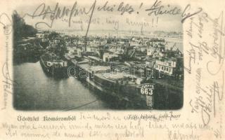 1899 Komárom, Komárno; Téli kikötő, jobb part, MFTR uszályok. Czike Dénes kiadása / winter harbor, port, barges