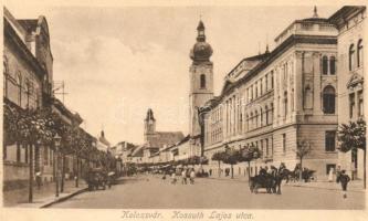 Kolozsvár, Cluj; Kossuth Lajos utca, templomok, lovaskocsik. Keszey Albert kiadása / street view with churches, horse carts