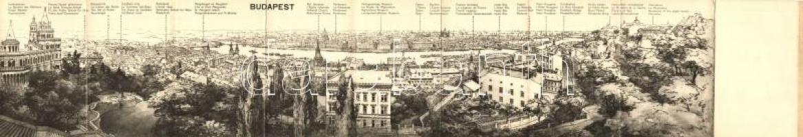 Budapest, 8-részes kihajtható panorámalap: Halászbástya, Ferenc József gimnázium, Rózsadomb, Gül Baba sírja, Reáliskola, Margitsziget, Margit híd, Református templom, Parlament, Mezőgazdasági Múzeum, Opera, Bazilika, Francia követség, Hotel Ritz, Vigadó, Hotel Hungaria, Erzsébet híd, Királyi palota, Honvédelmi minisztérium