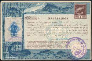 1945 Gárdony-Agárd Villatelepi lakos számára kiállított halászjegy, 5 P benyomott, és 5 P illetékbélyegekkel, pecséttel, középen hajtásnyommal./Fishing ticket