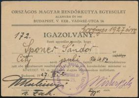 1927 Bp., Rendőrségi igazolvány a hátoldalán Országos Magyar Rendőrkutya Egyesület igazolványa, pecsétekkel, aláírásokkal.