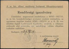 1927 Bp., Rendőrségi igazolvány a hátoldalán Országos Magyar Rendőrkutya Egyesület igazolványa, pecs...