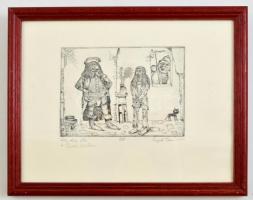 Engel Tevan István (1936-1996): Krúdy-illusztráció: A lőcsei kakas, rézkarc, papír, jelzett, üvegezett fa keretben, 9,5×13 cm