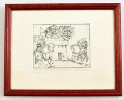 Engel Tevan István (1936-1996): Krúdy-illusztráció: A kótaji török sáncok, rézkarc, papír, jelzett, üvegezett fa keretben, 9,5×12 cm