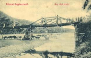 Nagyberezna, Velykyi Bereznyi, Velky Berezny; Ung folyó részlet, híd, szarvasmarhák. W. L. 2787. / Uzh River, bridge, cattle (lyuk / hole)