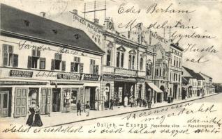 Eszék, Osijek, Esseg; Kapucinska ulica / Kapucinus utca, Szántó Elemér cukrászdája, Gottschalk, Hauser üzlete / Kapuzinergasse, Conditorei / street view, pastry shop, confectionery, shops (fl)