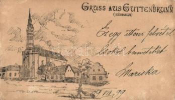 1899 Temeshidegkút, Sabran-Guttenbrunn, Zabrani; utcakép, templom. Kézzel rajzolt lap / street view, church, hand-drawn art postcard + brown 2 Kr. Ga. (EK)