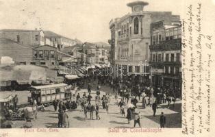 Constantinople, Istanbul; Place Emin Eunu / square, horse-drawn tram, shops, market (r)