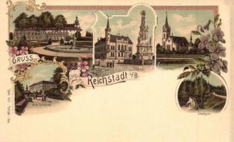 Zákupy, Reichstadt; K. K. Schloss, Rathaus, Statue, Kirche, Jakobsquelle. Eduard Held / Castle, Town hall, Trinity statue, Church, thermal spring. Art Nouveau, floral, litho (EK)