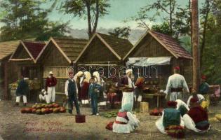 Bosnische Marktscene / Bosnyák piaci jelenet árusokkal / Bosnian market scene with merchants, vendors, folklore, traditional costume. W. L. Bp. 1910. No. 20. (EK)