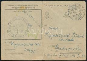 1944 Munkaszolgálatos tábori levelezőlapja Gyöngyösről Budapestre küldve, "M. kir. 109/36 KSM I. századparancsnokság" bélyegzővel, középen hajtott