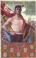 I. Hrvatski Svesokolski Slet. Zagreb 2-3. Rujna 1906. / First Croatian Sokol Festival, sports gathering art postcard, coat of arms, artist signed (kopott sarkak / worn corners)