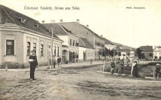 Teke, Tekendorf, Teaca; Fő tér, Schupiter János kiadása / main square + Zensur