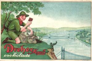 Dreher Maul csokoládé reklámlapja, cserkész a Gellért-hegyen / Hungarian chocolate advertisement card with boy scout (EB)
