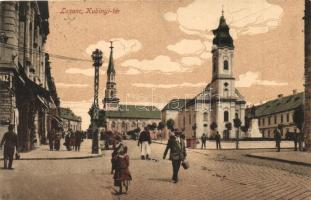 1918 Losonc, Lucenec; Kubinyi tér, templomok, üzletek. Lantos Aranka kiadása / square with churches and shops