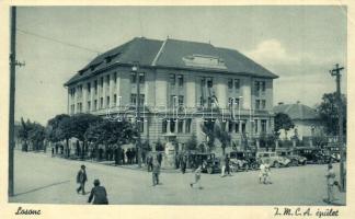 Losonc, Lucenec; Y.M.C.A. épület, hirdetőoszlop automobilokkalo / I.M.C.A building, advertising column with automobiles