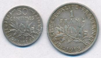 Franciaország 1905. 50c Ag + 1918. 1Fr Ag T:2,2- enyhén hajlott France 1905. 50c Ag + 1918. 1 Franc Ag C:XF,VF slightly bent